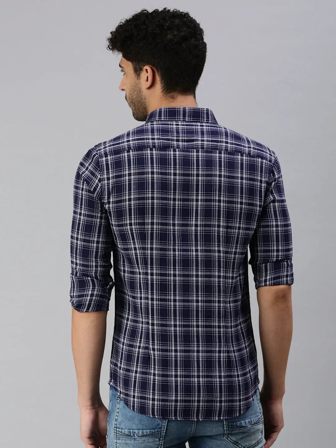 Men's Navy Blue Checked Casual Shirt
