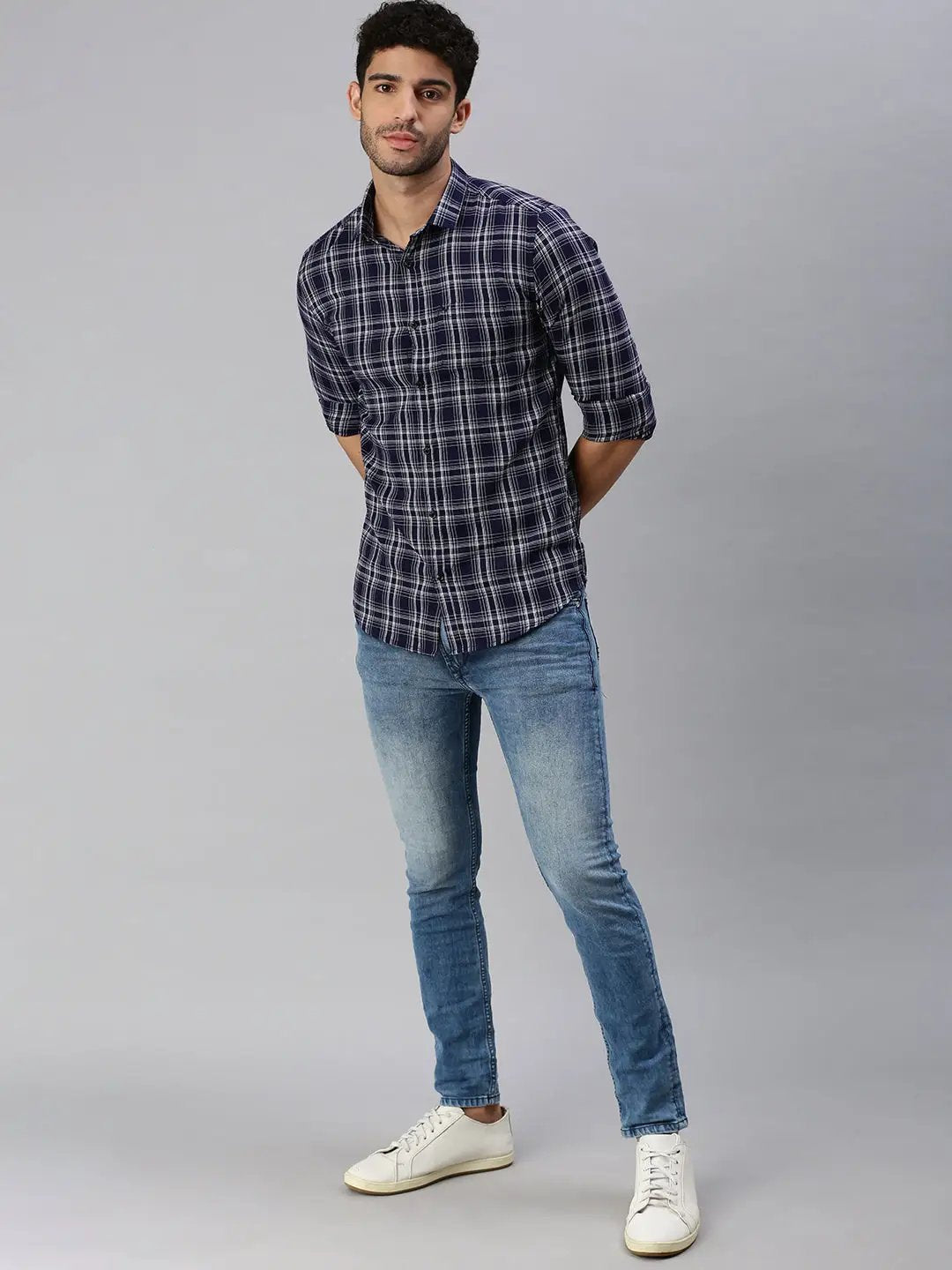 Men's Navy Blue Checked Casual Shirt