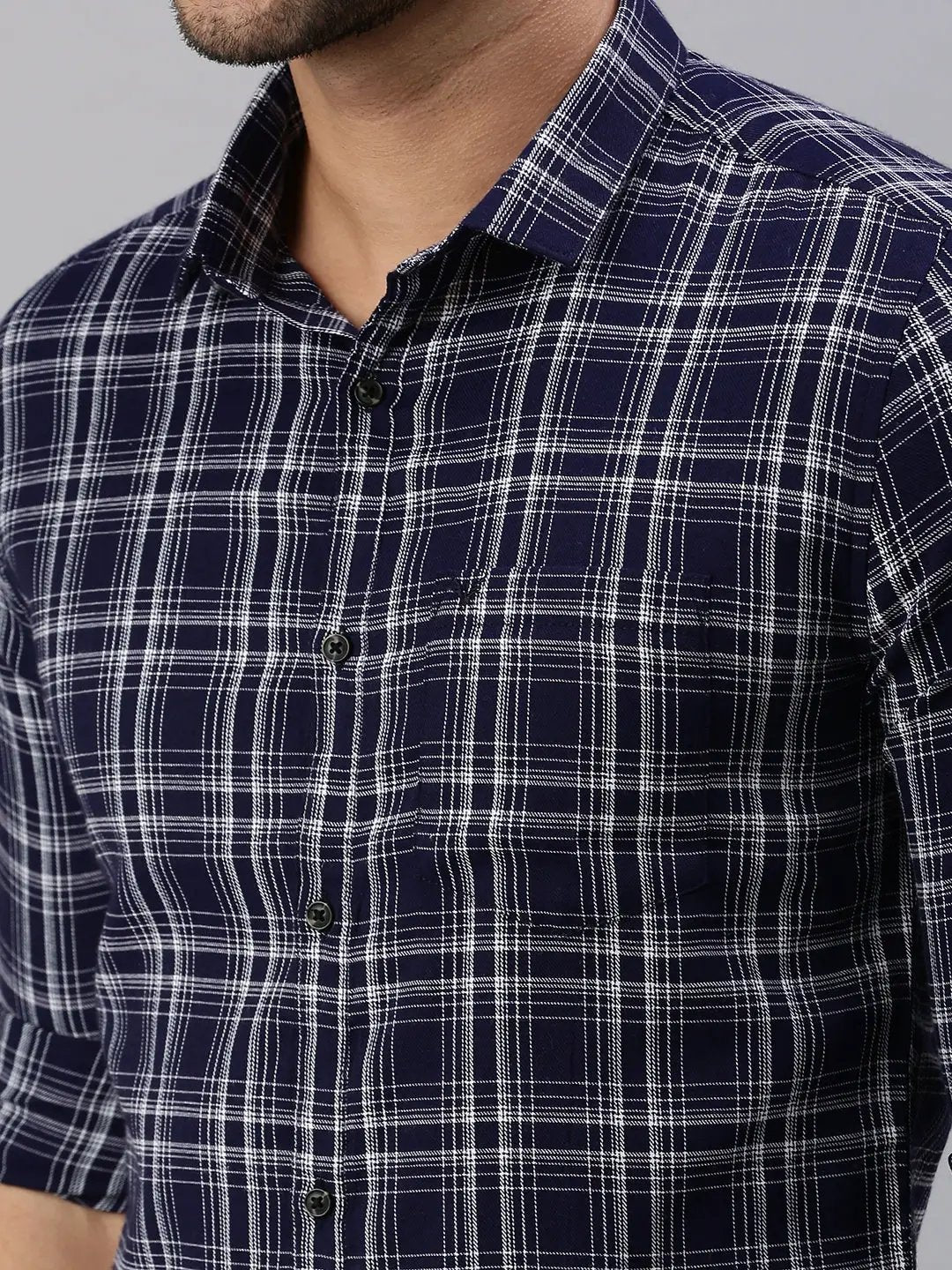 Men's Navy Blue Checked Casual Shirt