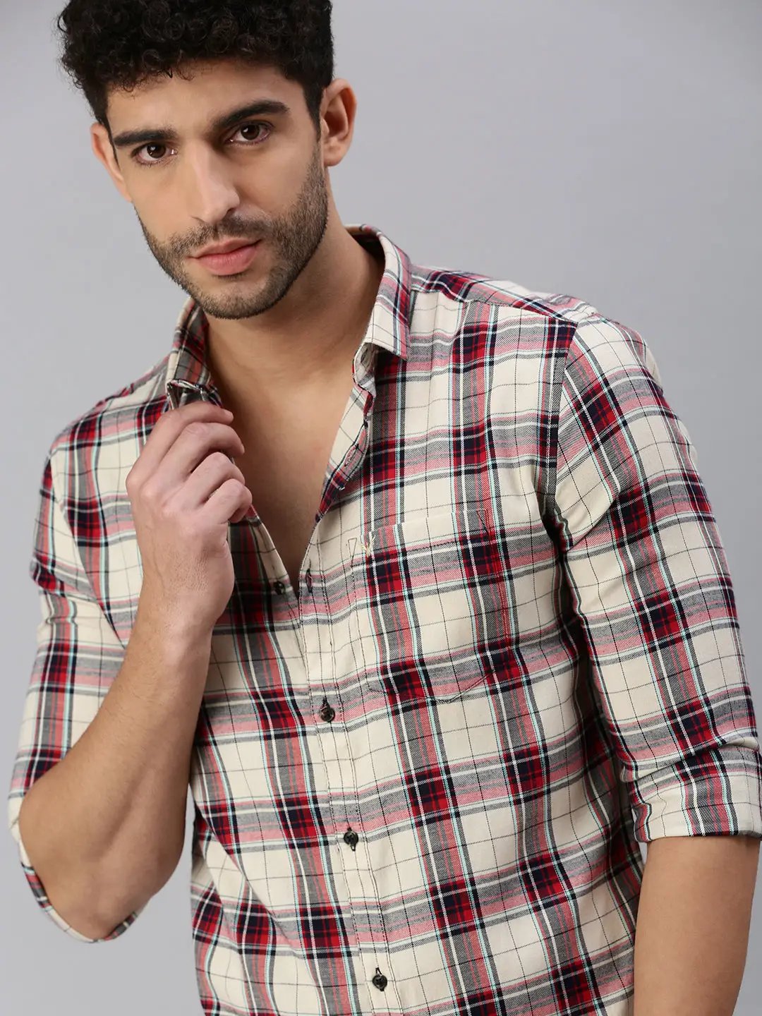 Men's Cream Checked Casual Shirt