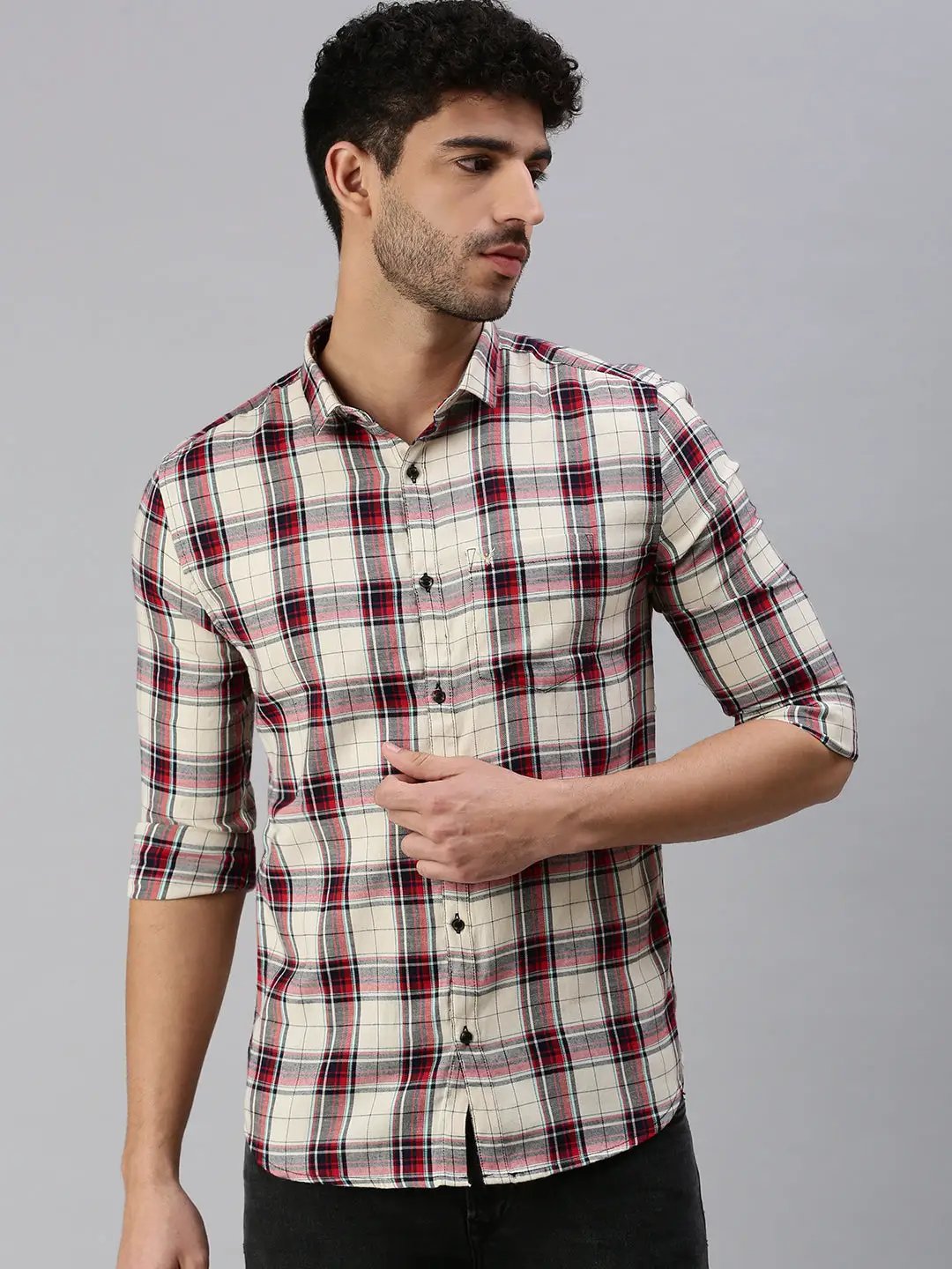 Men's Cream Checked Casual Shirt