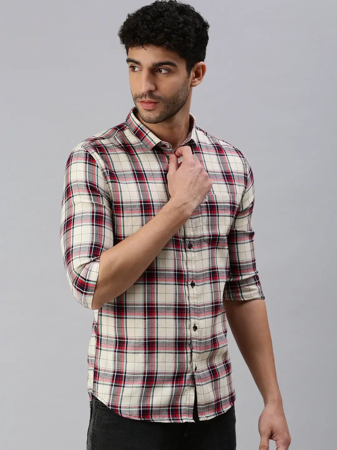 Men's Cream Checked Casual Shirt