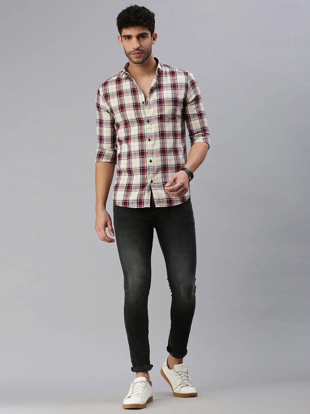 Men's Cream Checked Casual Shirt