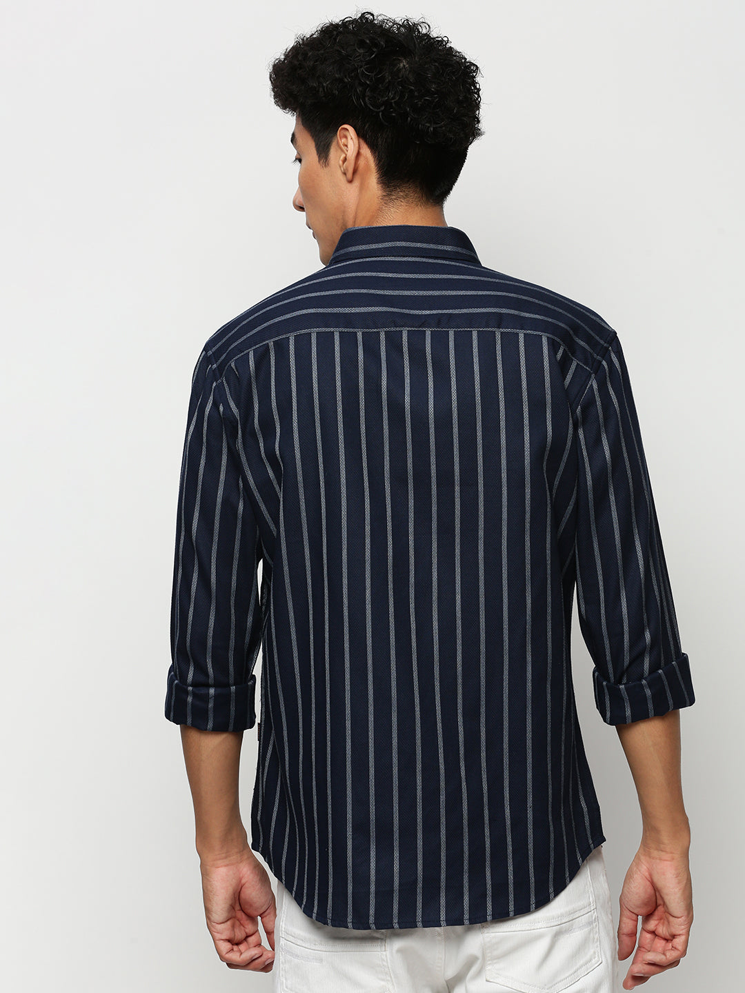 Men Navy Striped Casual Casual Shirts