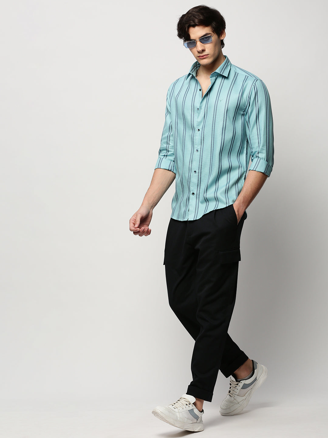 Men Blue Striped Casual Casual Shirts