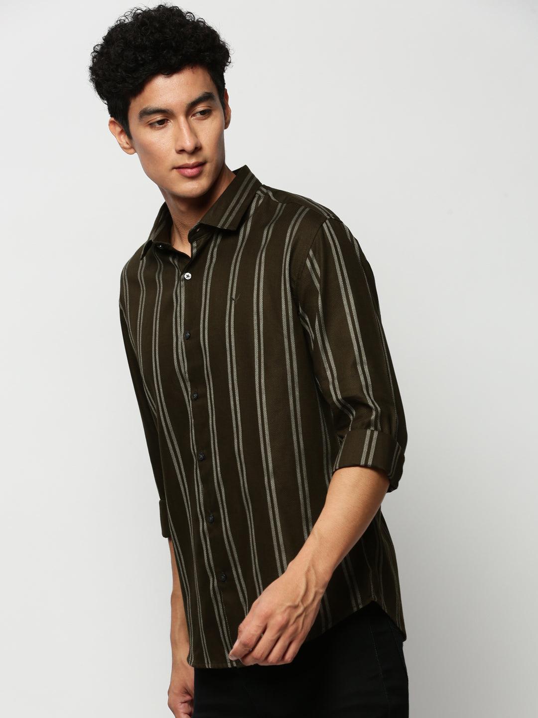 Men Green Striped Casual Casual Shirts