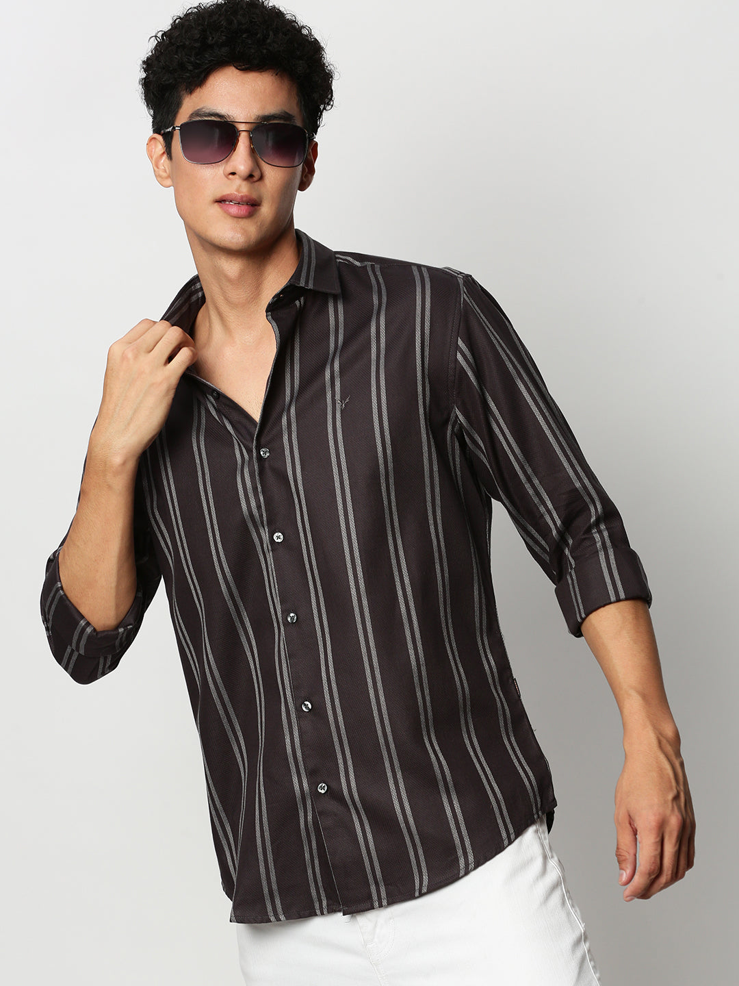 Men Grey Striped Casual Casual Shirts