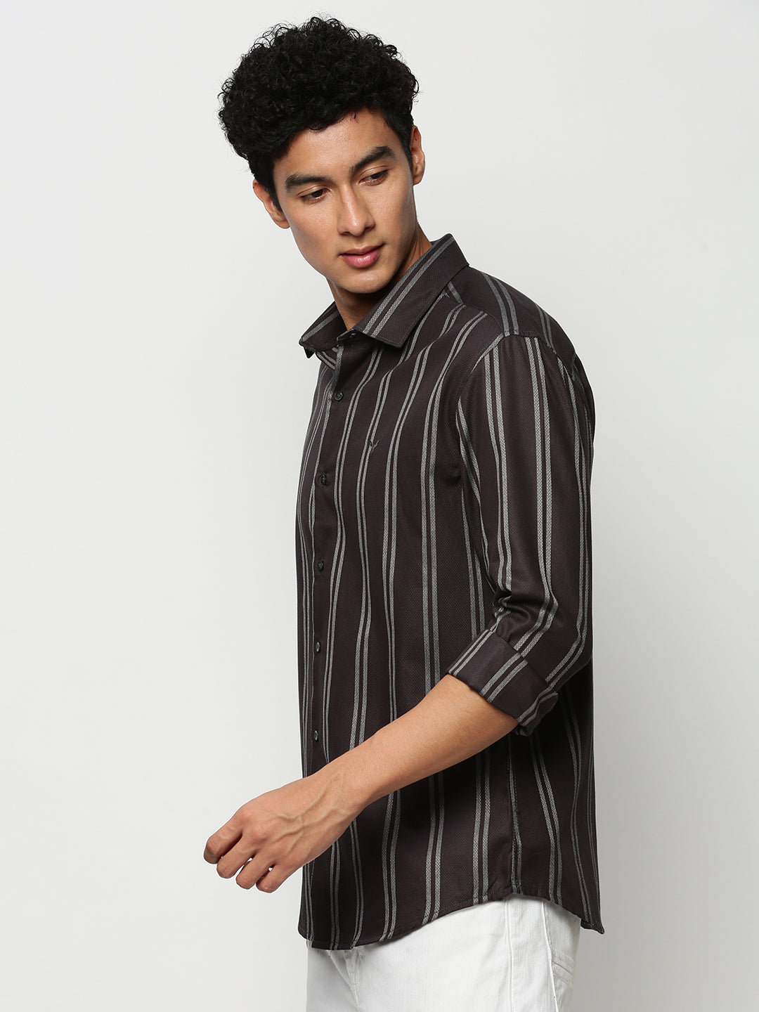 Men Grey Striped Casual Casual Shirts