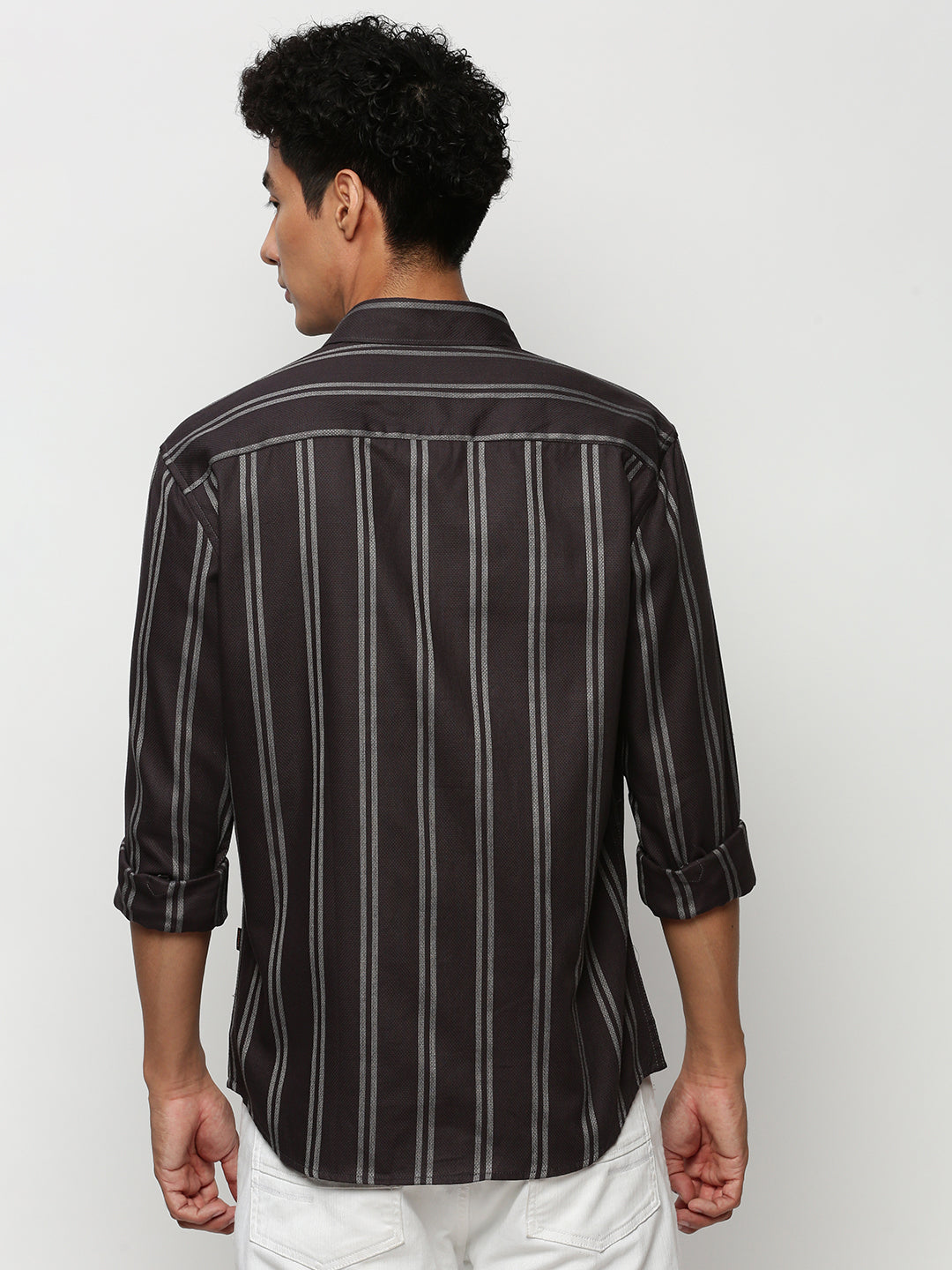 Men Grey Striped Casual Casual Shirts