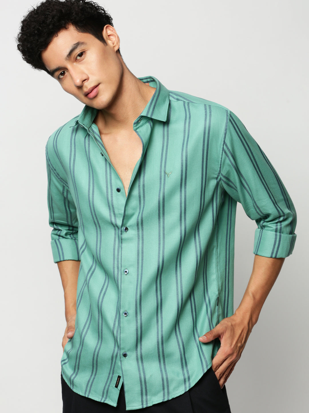 Men Green Striped Casual Casual Shirts