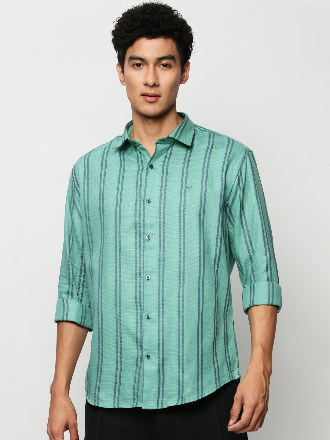 Men Green Striped Casual Casual Shirts