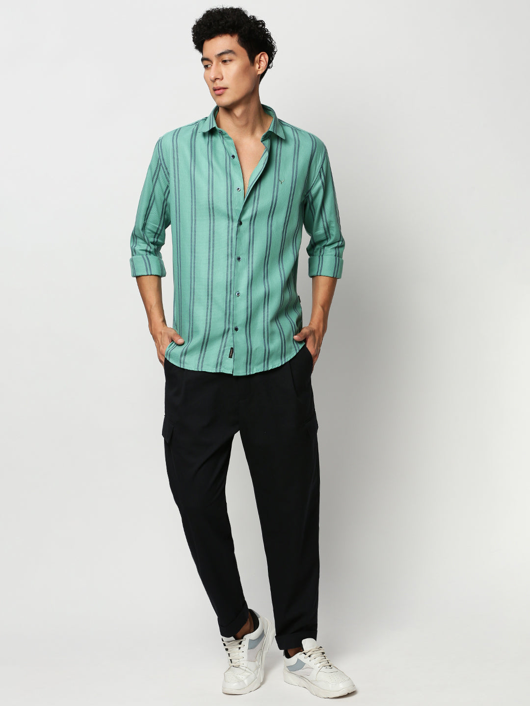 Men Green Striped Casual Casual Shirts