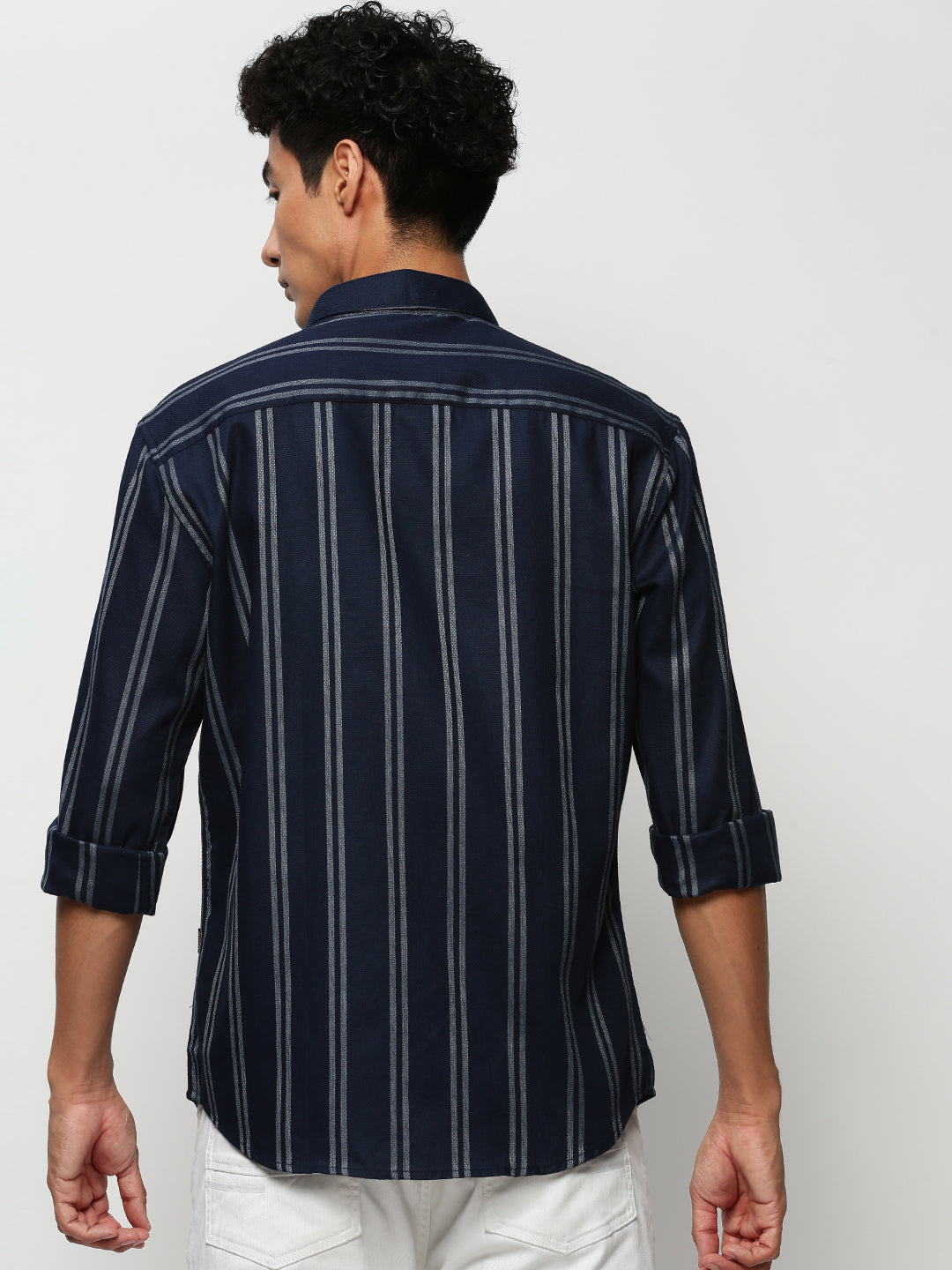 Men Navy Striped Casual Casual Shirts