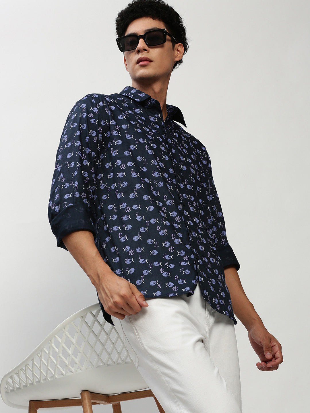 Men Navy Printed Casual Casual Shirts