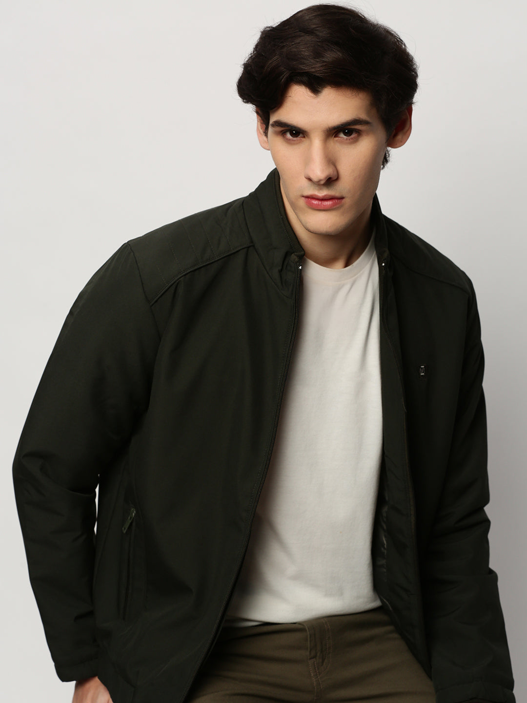 Men Green Solid Casual Bomber Jackets