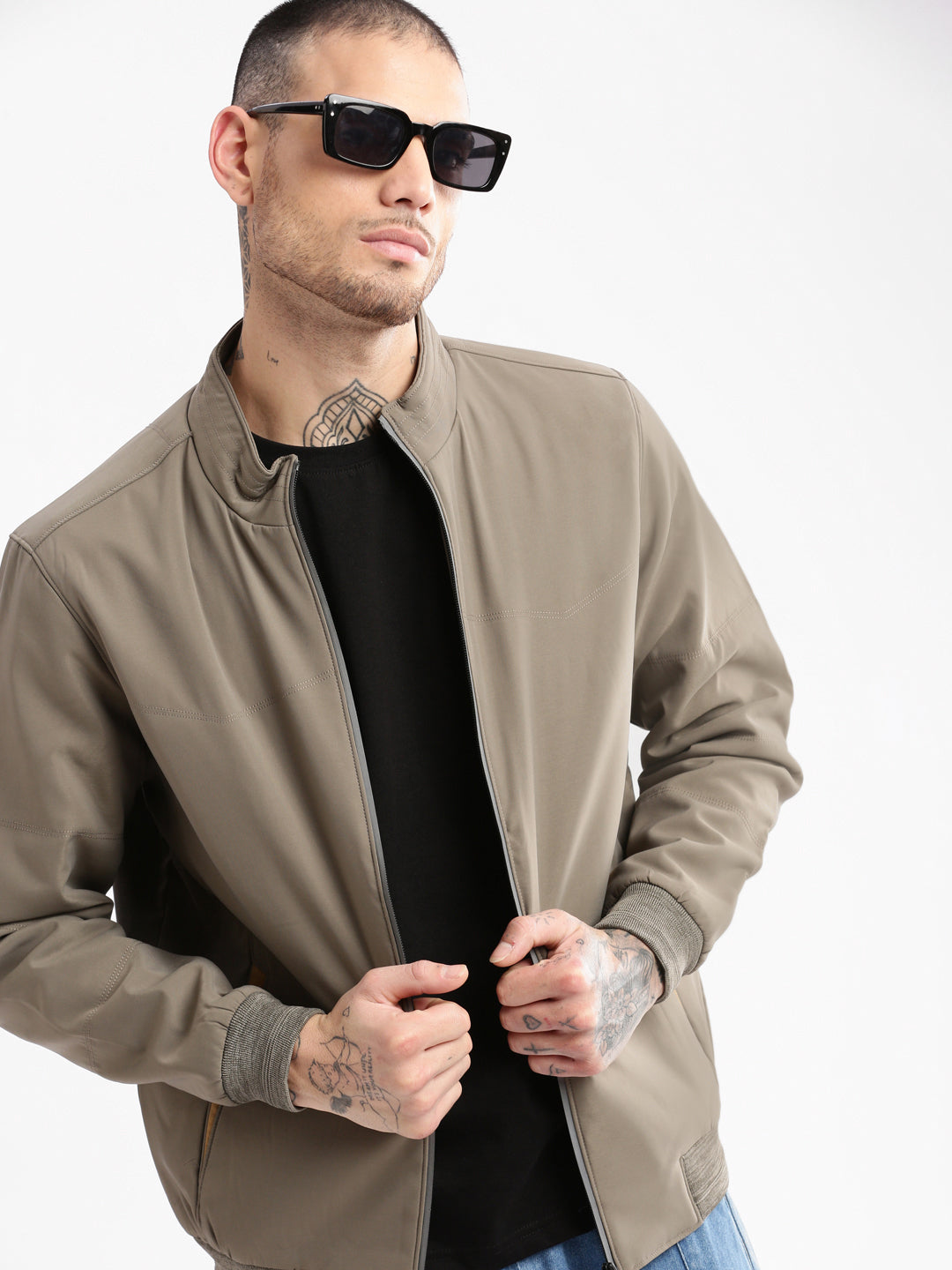 Men Mock Collar Olive Solid Bomber Jacket