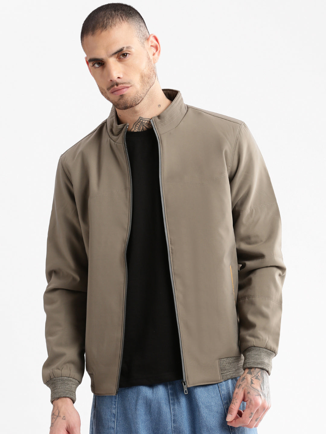 Men Mock Collar Olive Solid Bomber Jacket