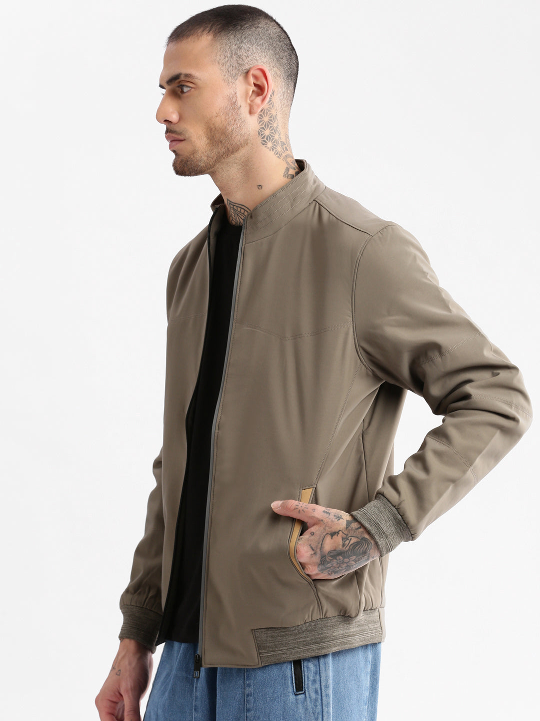 Men Mock Collar Olive Solid Bomber Jacket