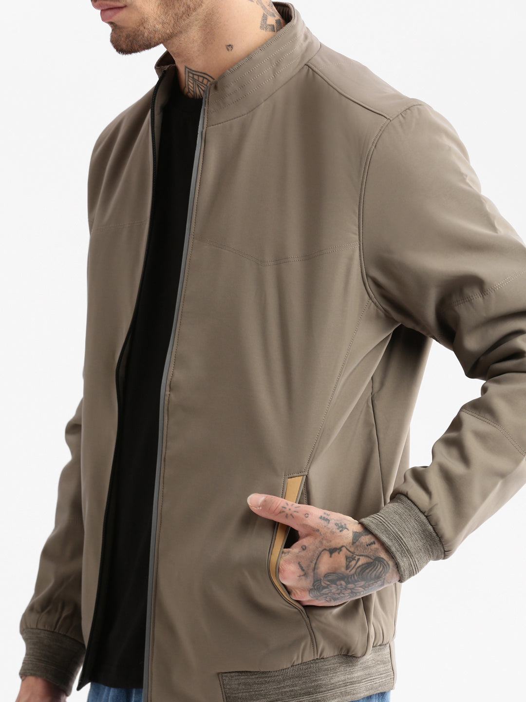 Men Mock Collar Olive Solid Bomber Jacket