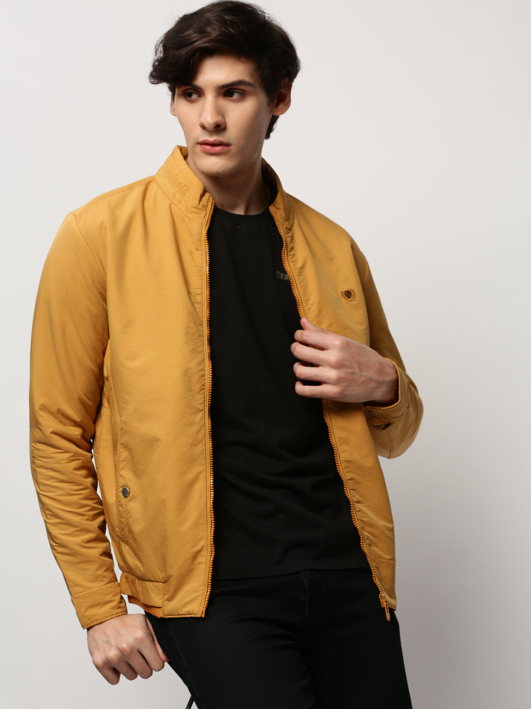 Men Yellow Solid Casual Bomber Jackets