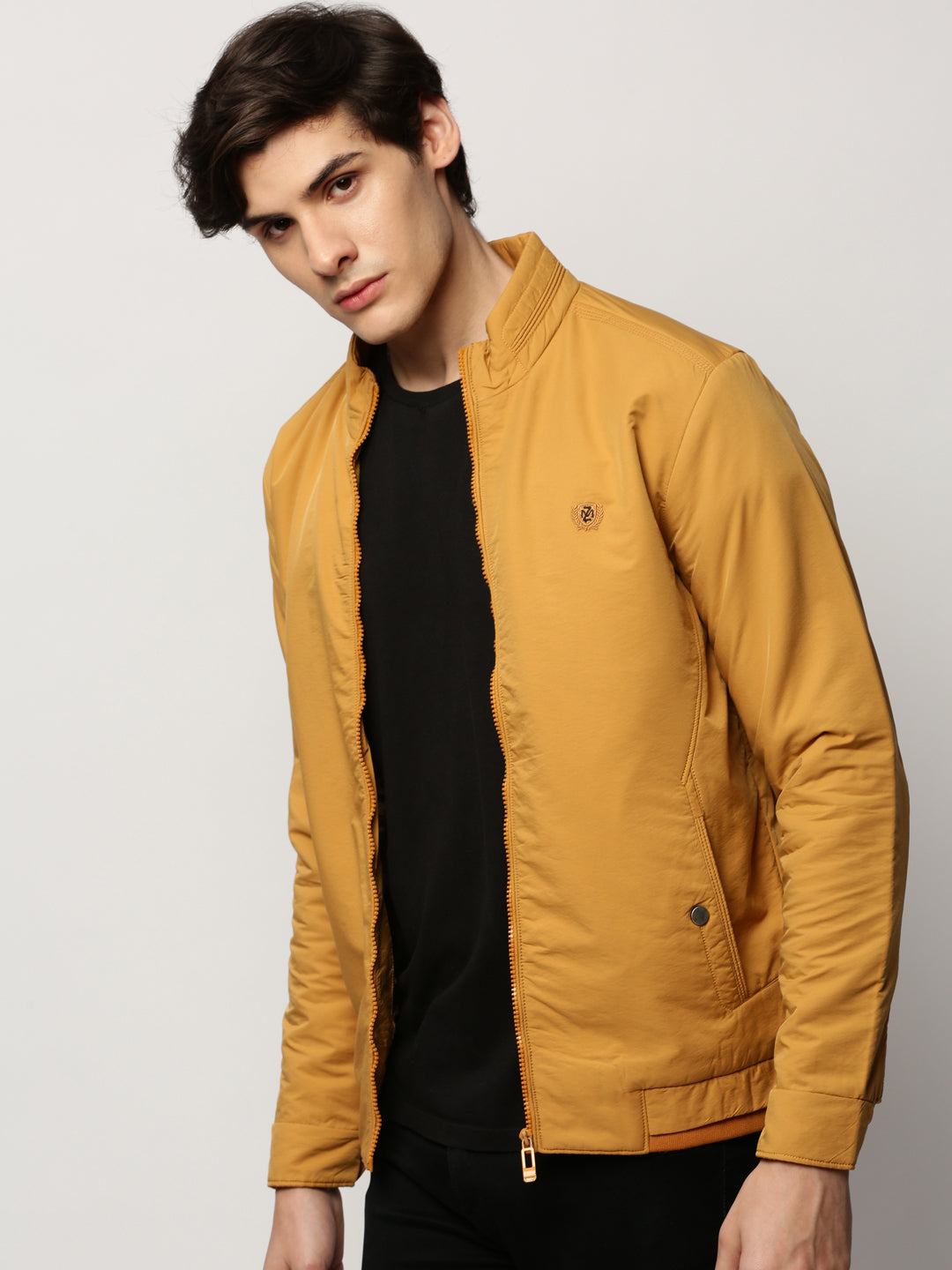 Men Yellow Solid Casual Bomber Jackets