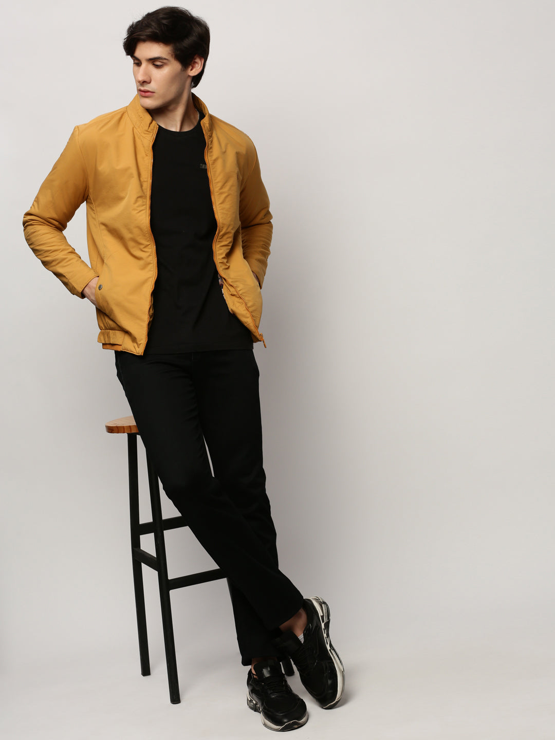 Men Yellow Solid Casual Bomber Jackets