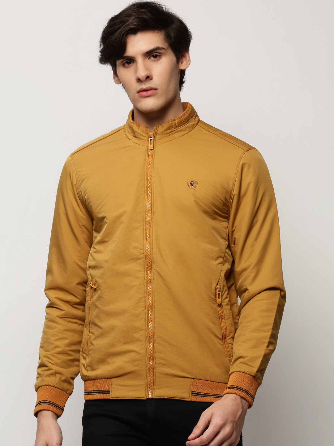 Men's Yellow Mock Collar Casual Bomber Jacket
