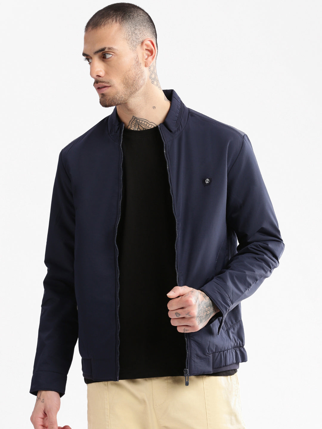 Men Mock Collar Navy Blue Solid Bomber Jacket