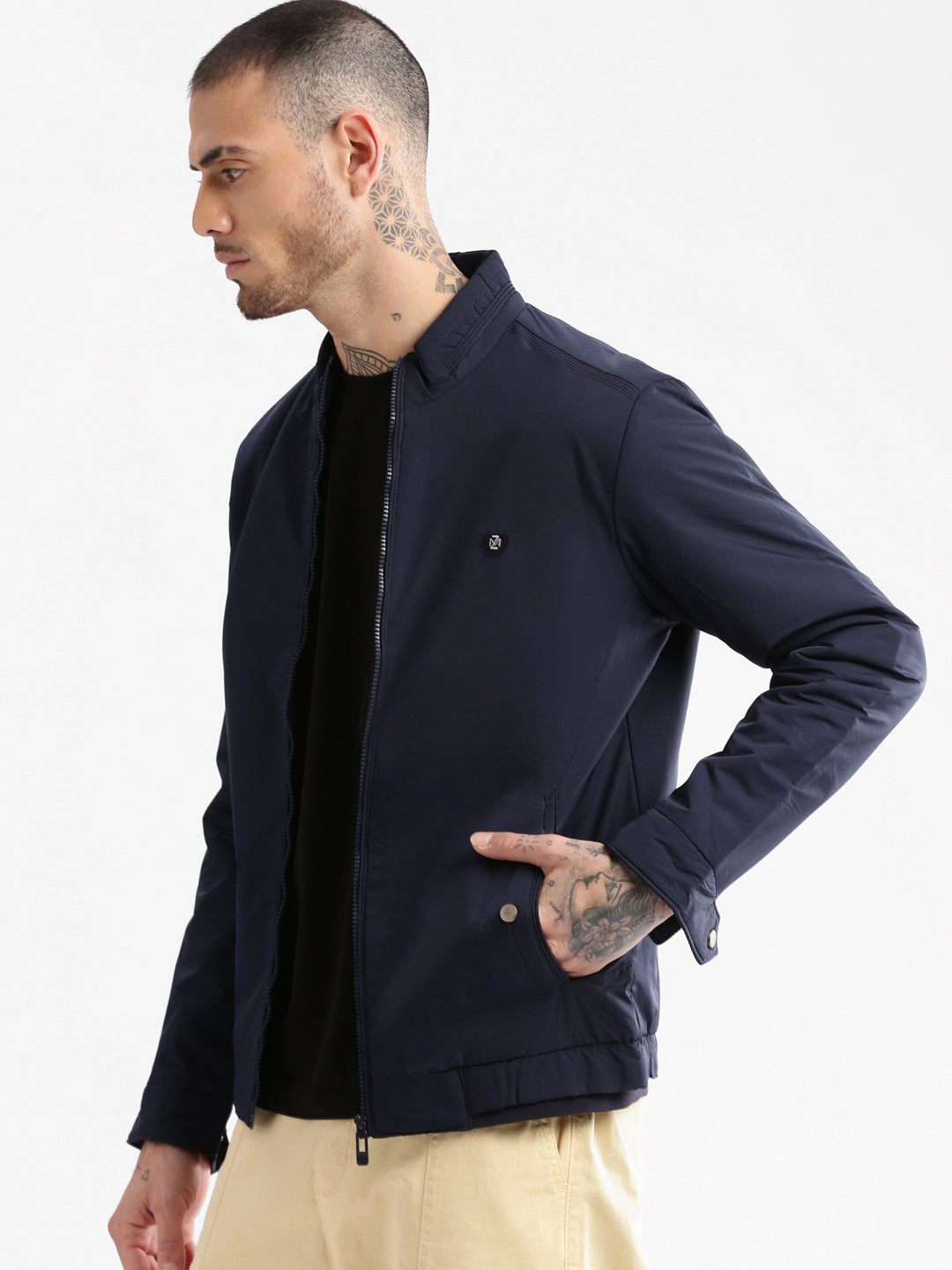 Men Mock Collar Navy Blue Solid Bomber Jacket