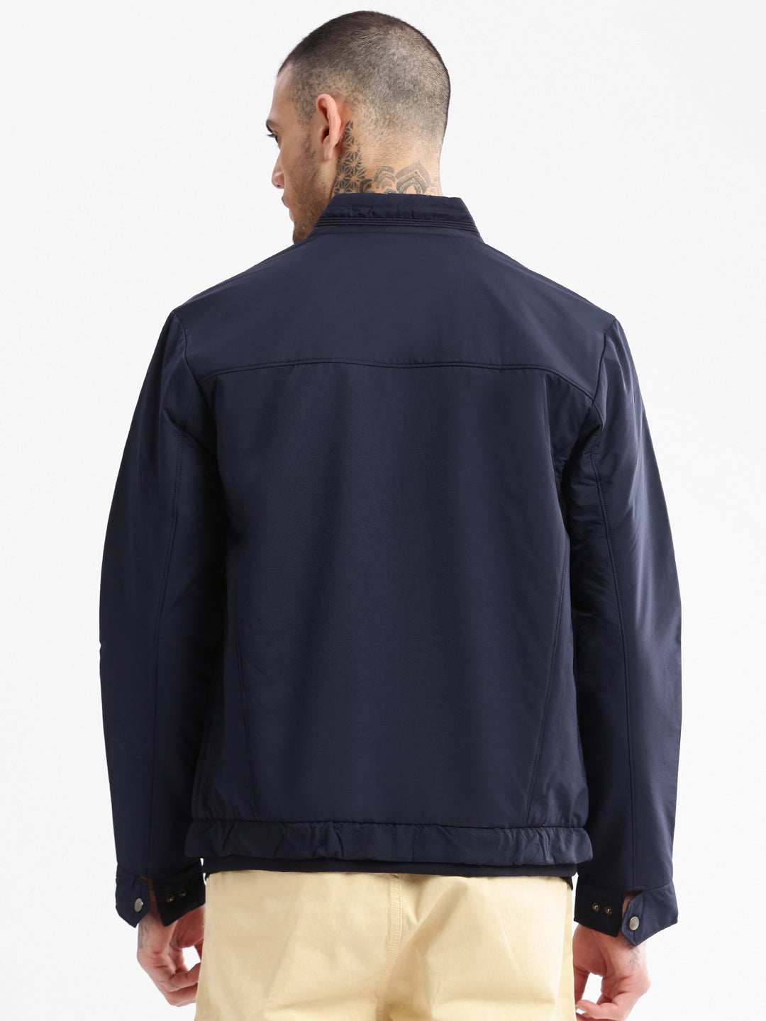 Men Mock Collar Navy Blue Solid Bomber Jacket