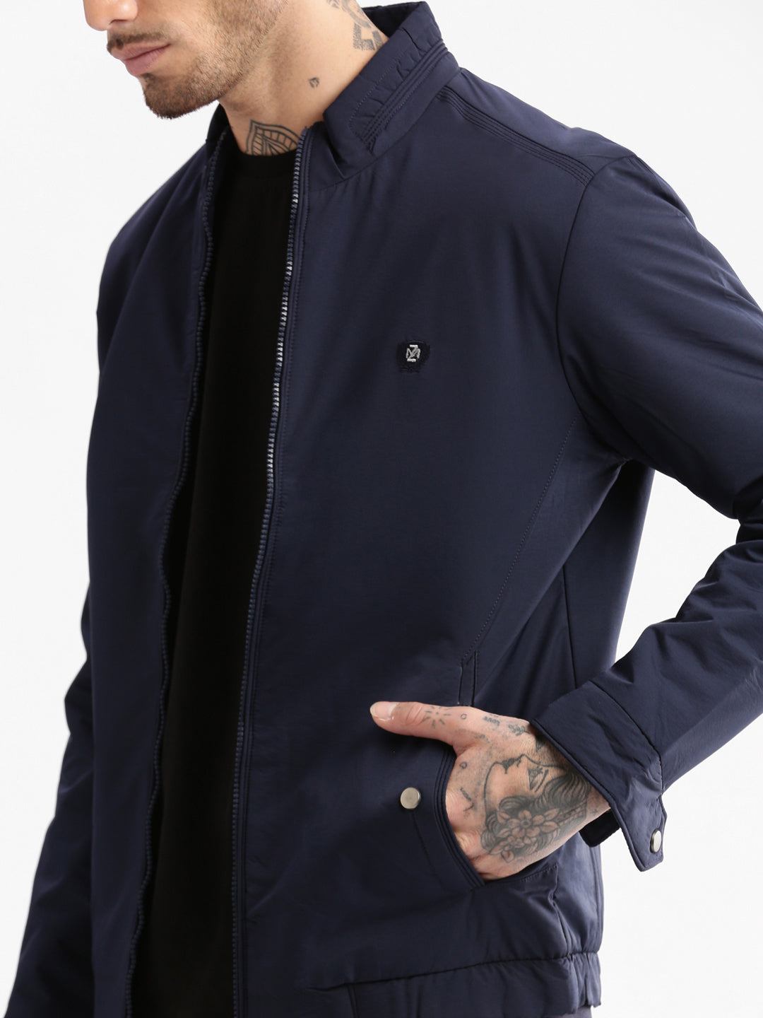 Men Mock Collar Navy Blue Solid Bomber Jacket