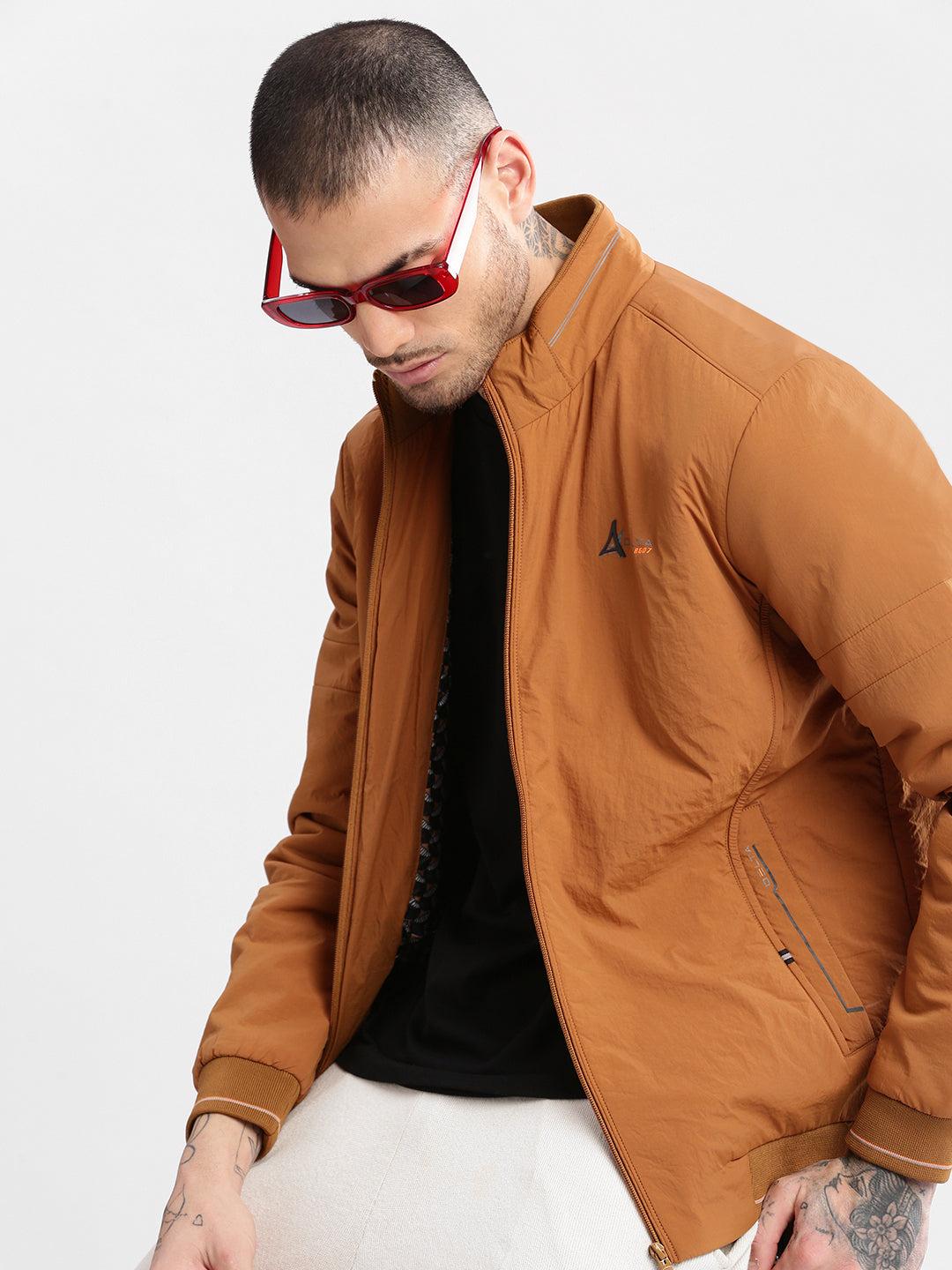 Men Mock Collar Brown Solid Bomber Jacket