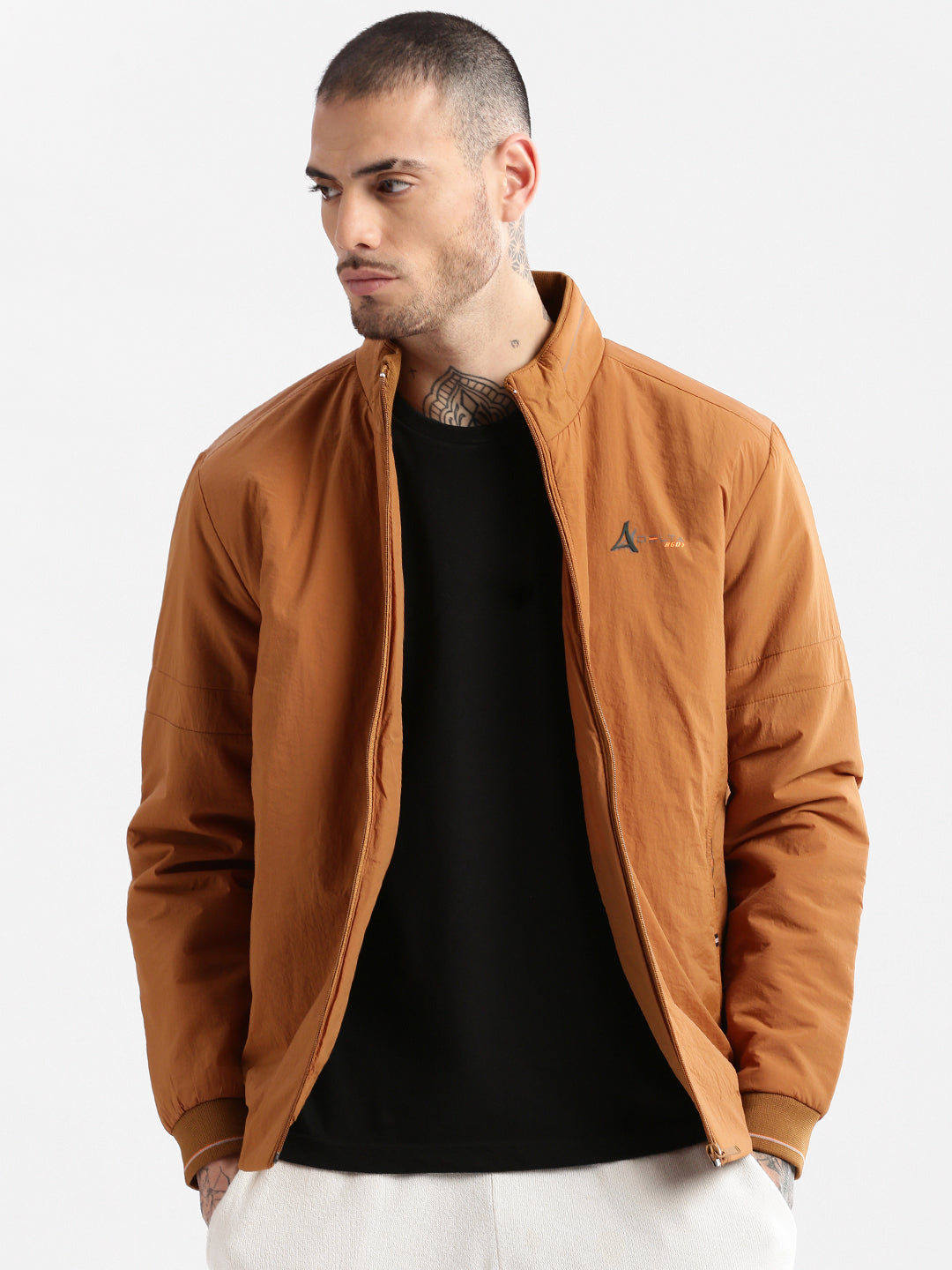 Men Mock Collar Brown Solid Bomber Jacket