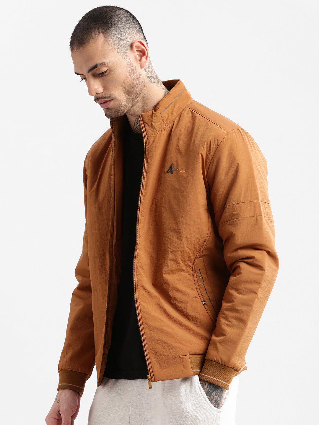 Men Mock Collar Brown Solid Bomber Jacket