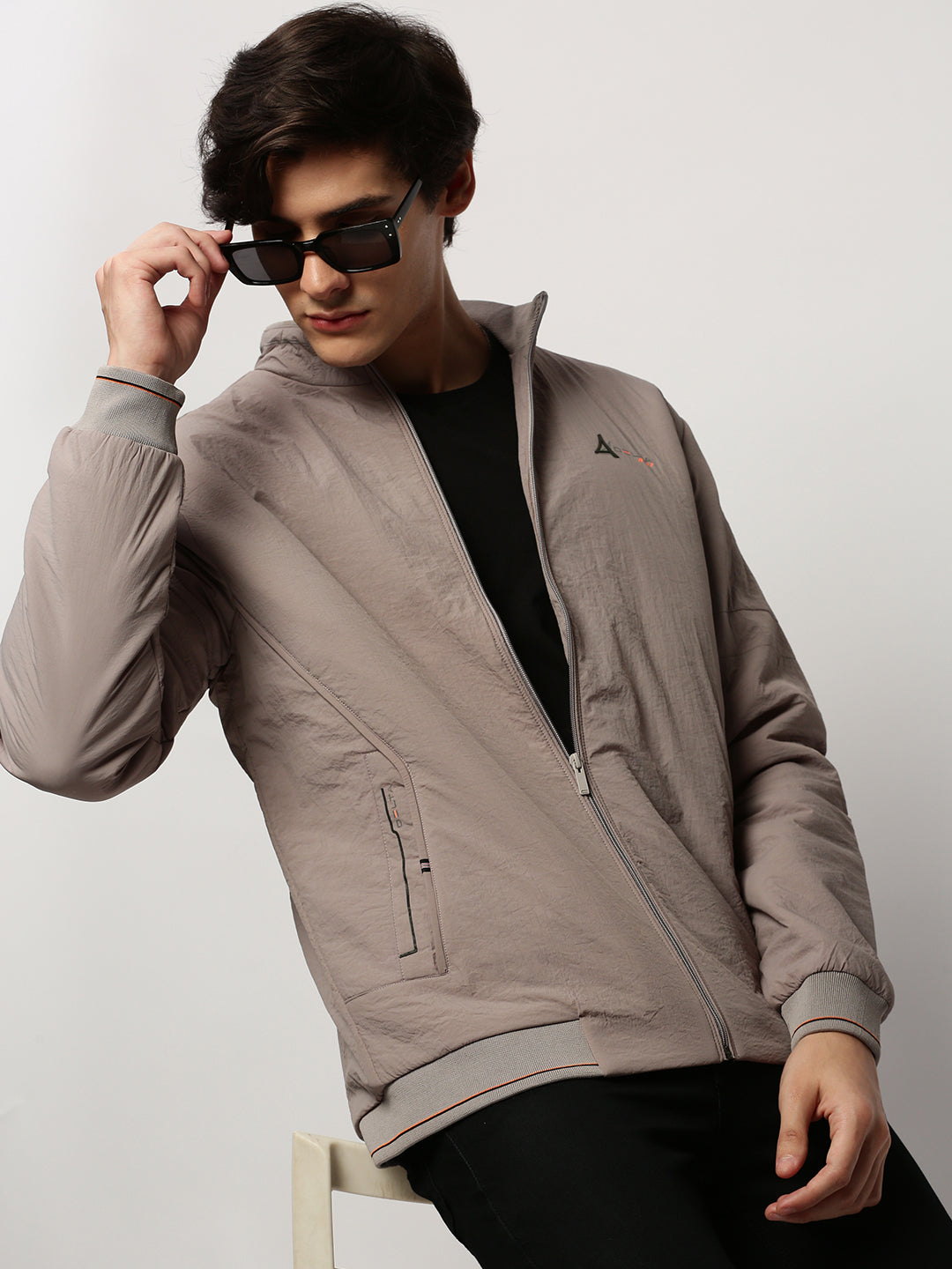 Men Grey Solid Casual Bomber Jackets