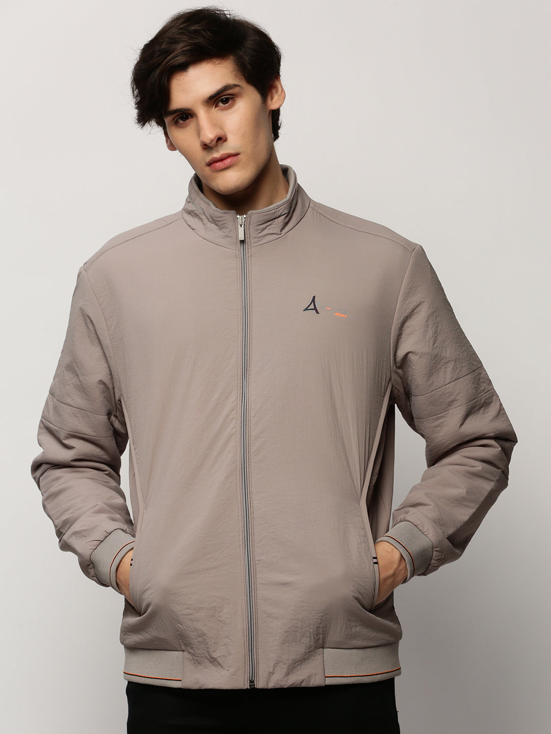 Men Grey Solid Casual Bomber Jackets