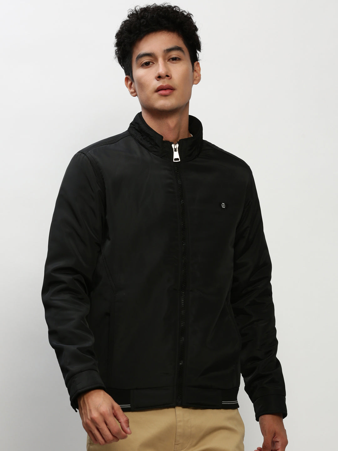 Men Black Solid Casual Bomber Jackets