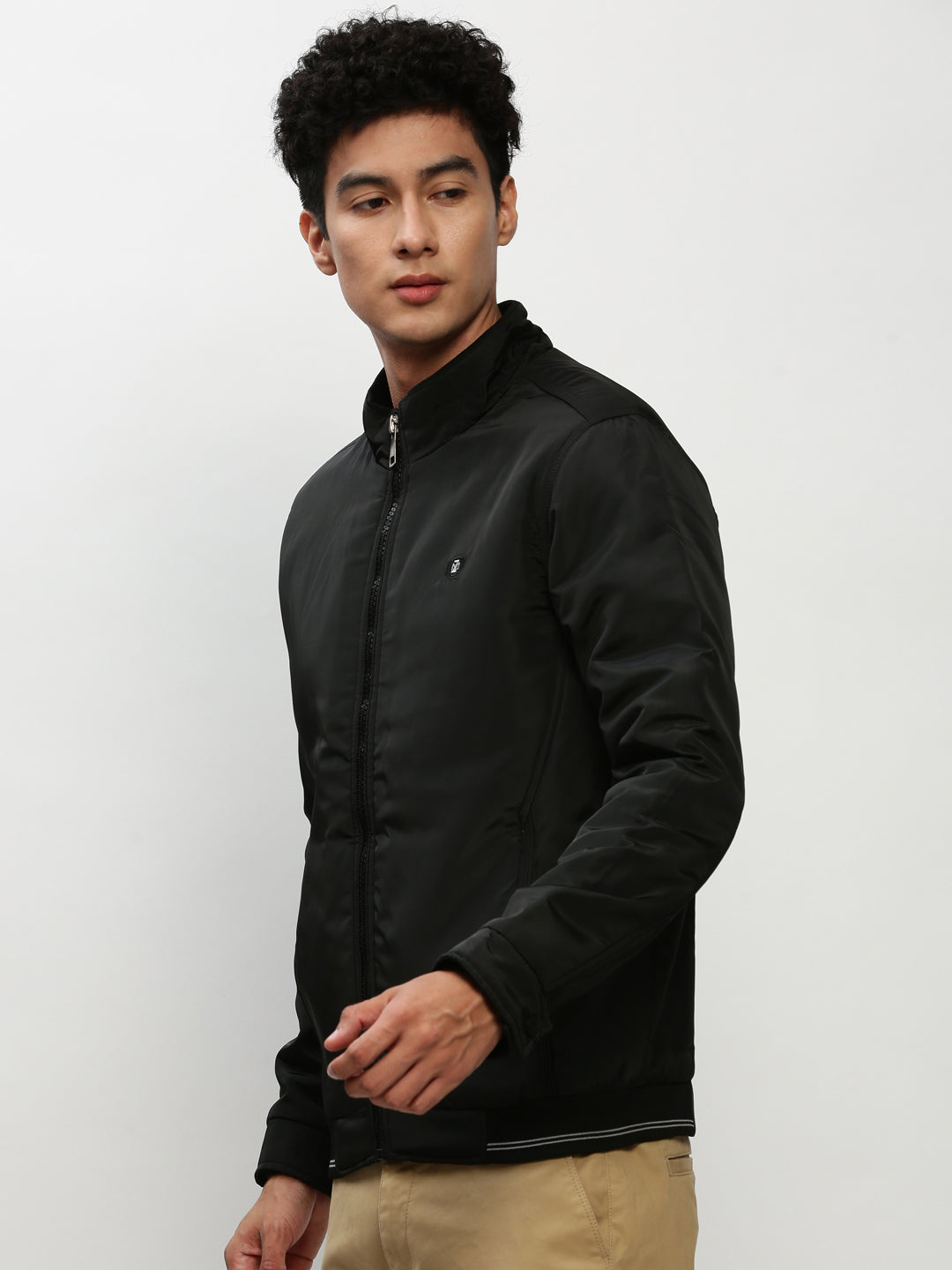 Men Black Solid Casual Bomber Jackets