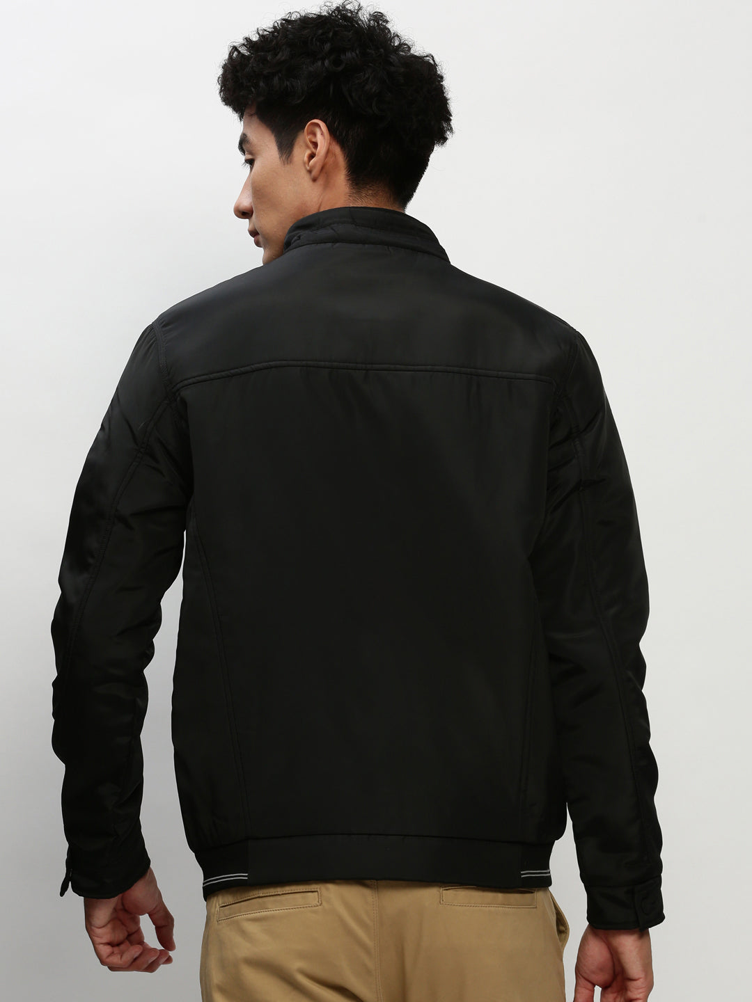 Men Black Solid Casual Bomber Jackets