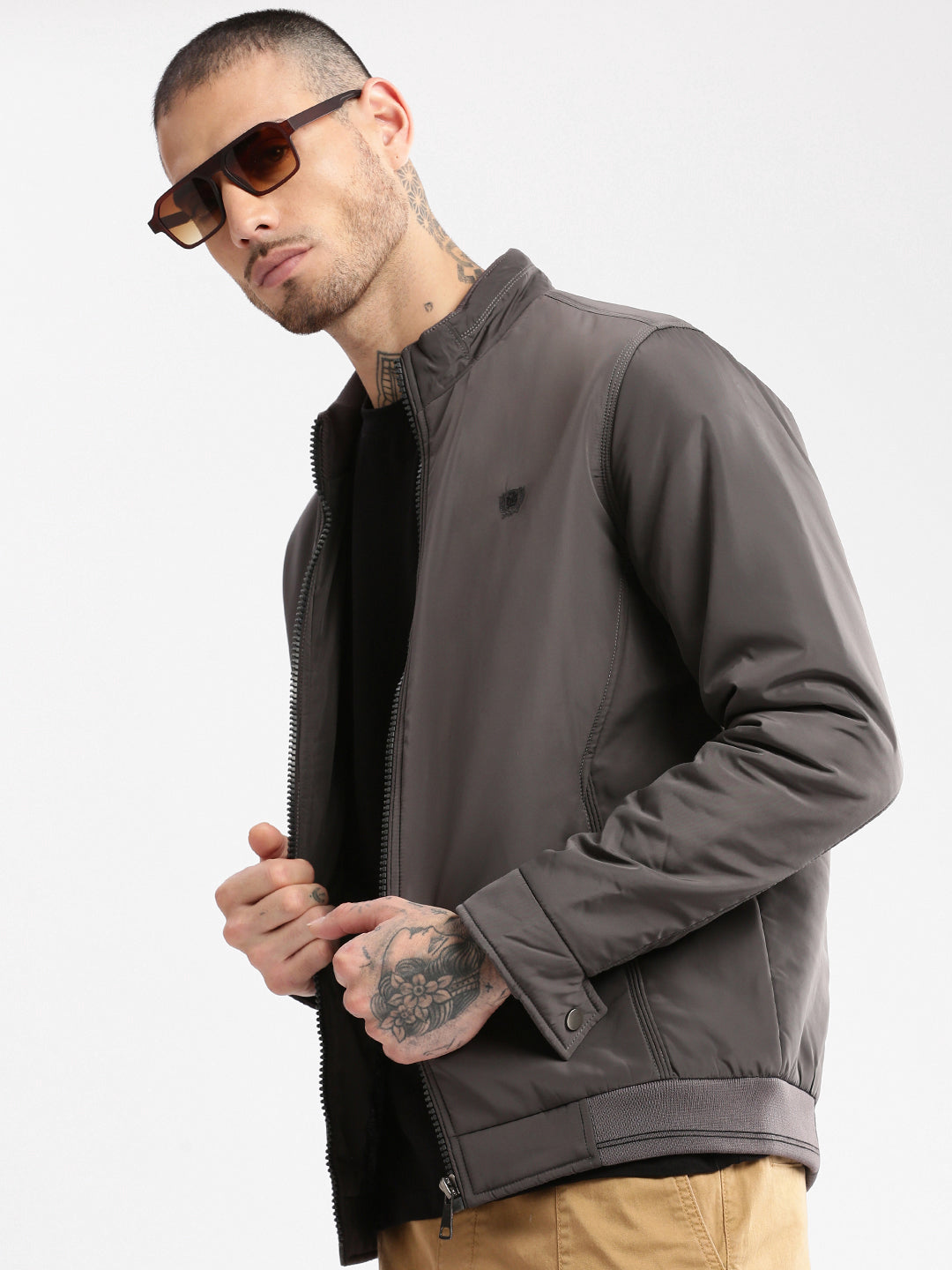 Men Mock Collar Grey Solid Bomber Jacket