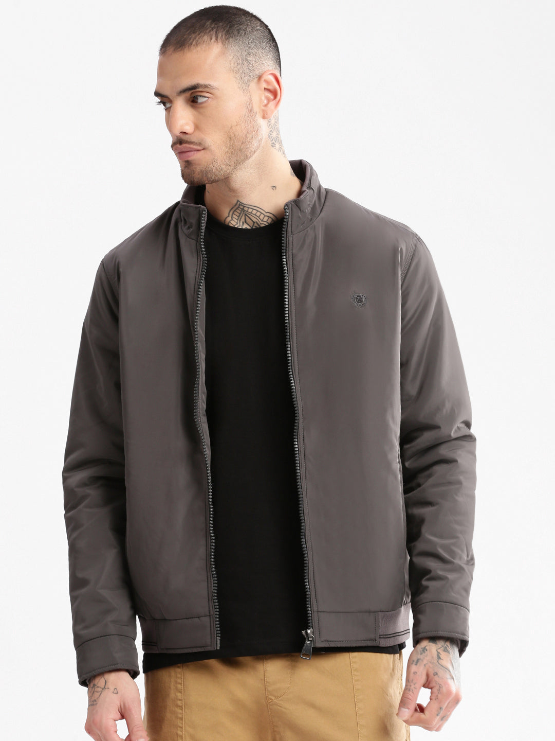 Men Mock Collar Grey Solid Bomber Jacket