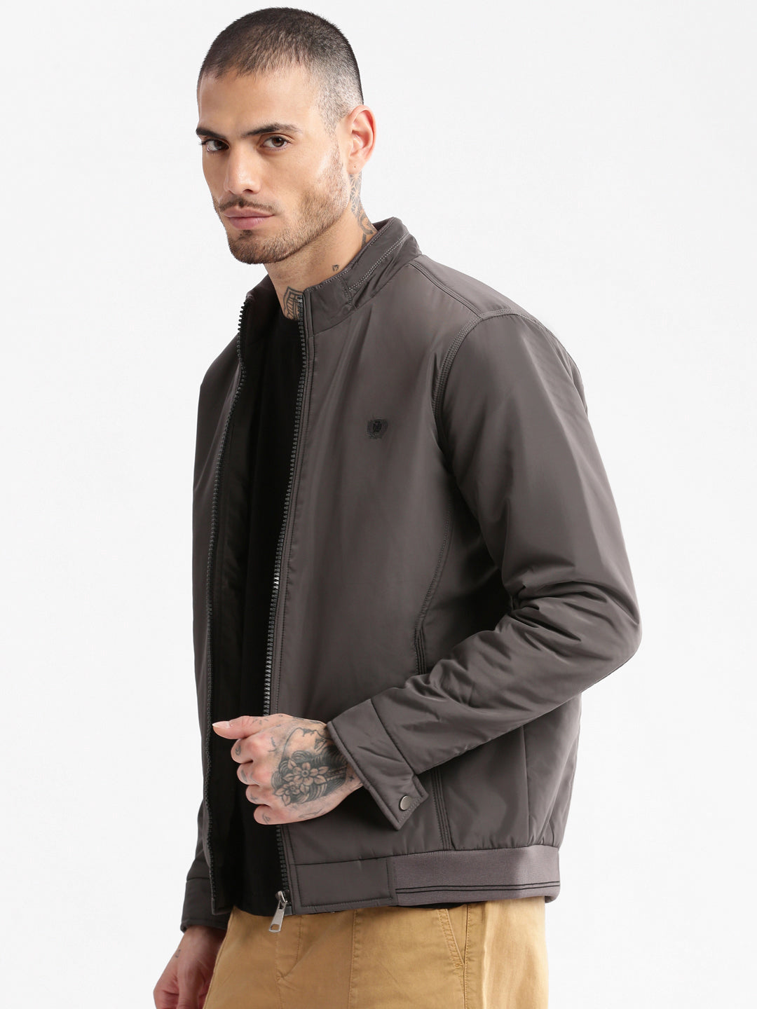 Men Mock Collar Grey Solid Bomber Jacket