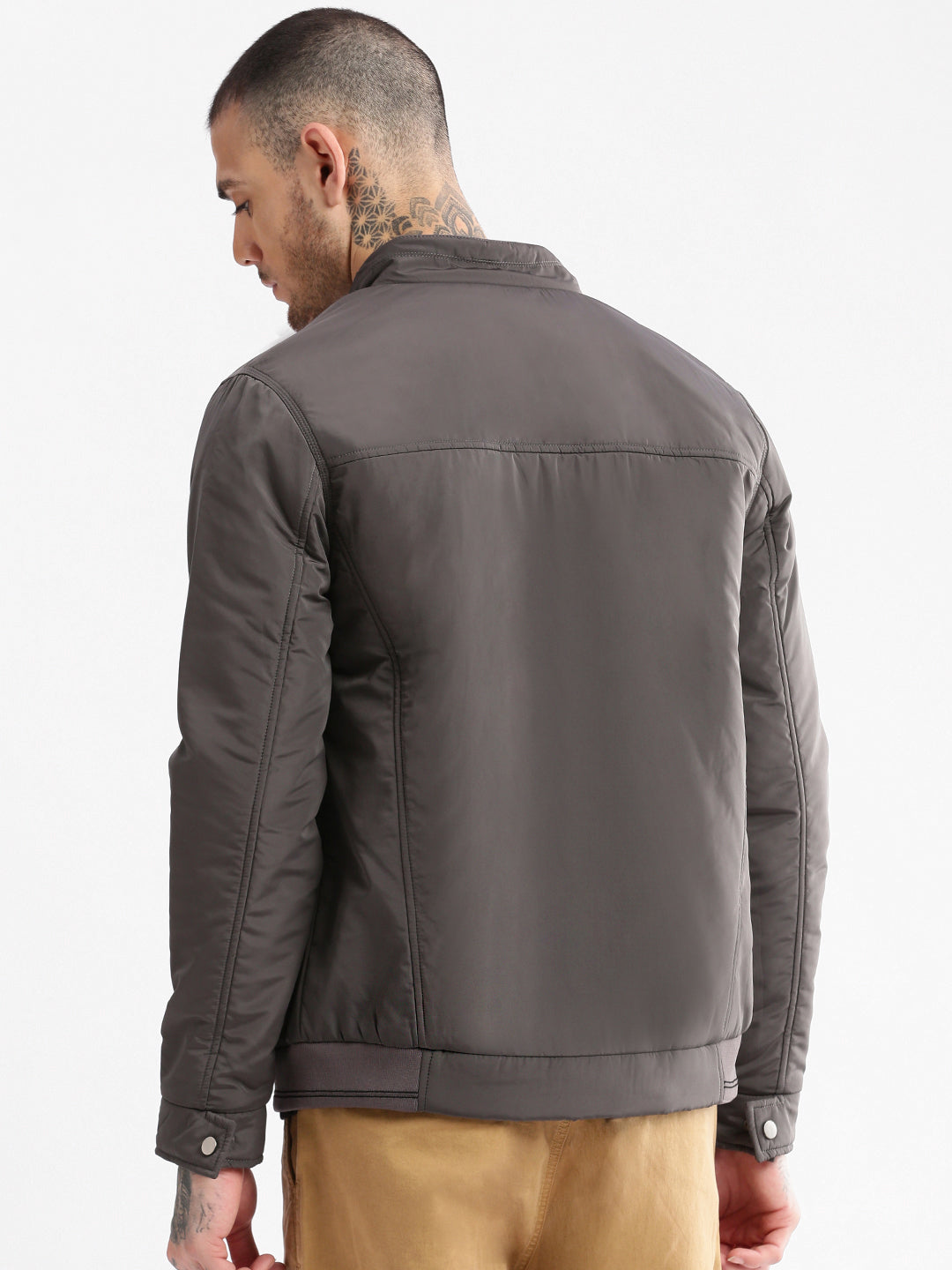 Men Mock Collar Grey Solid Bomber Jacket