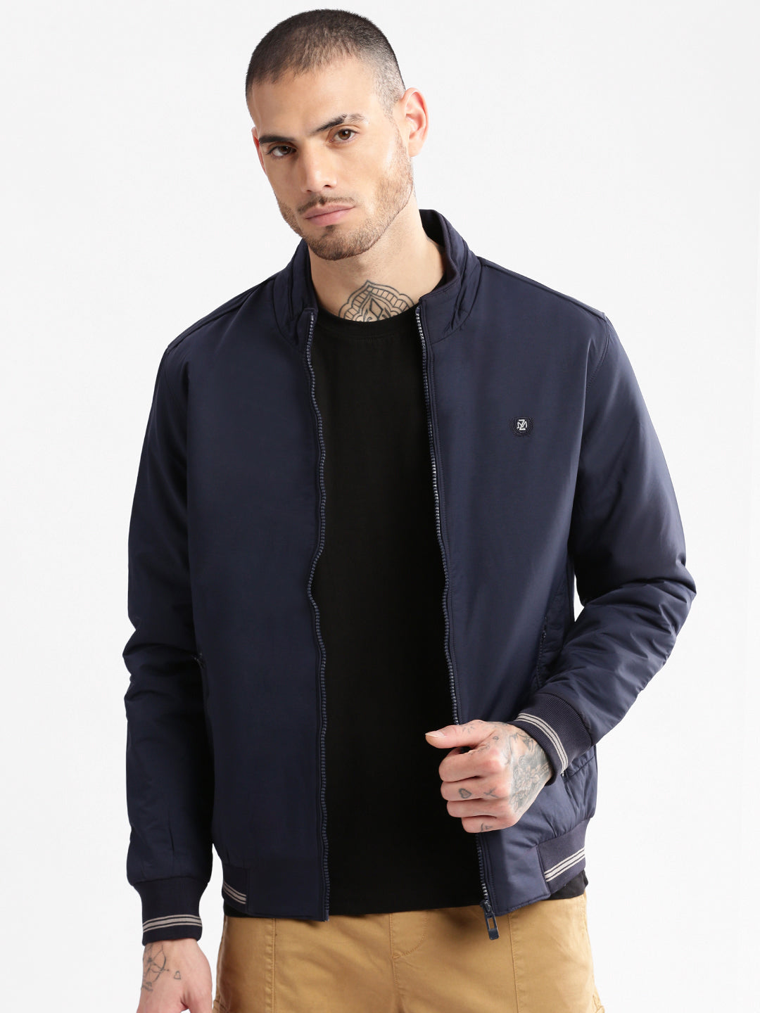 Men Mock Collar Navy Blue Solid Bomber Jacket