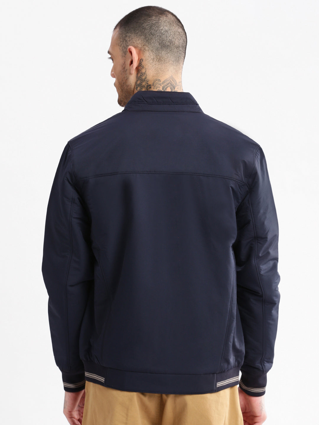 Men Mock Collar Navy Blue Solid Bomber Jacket