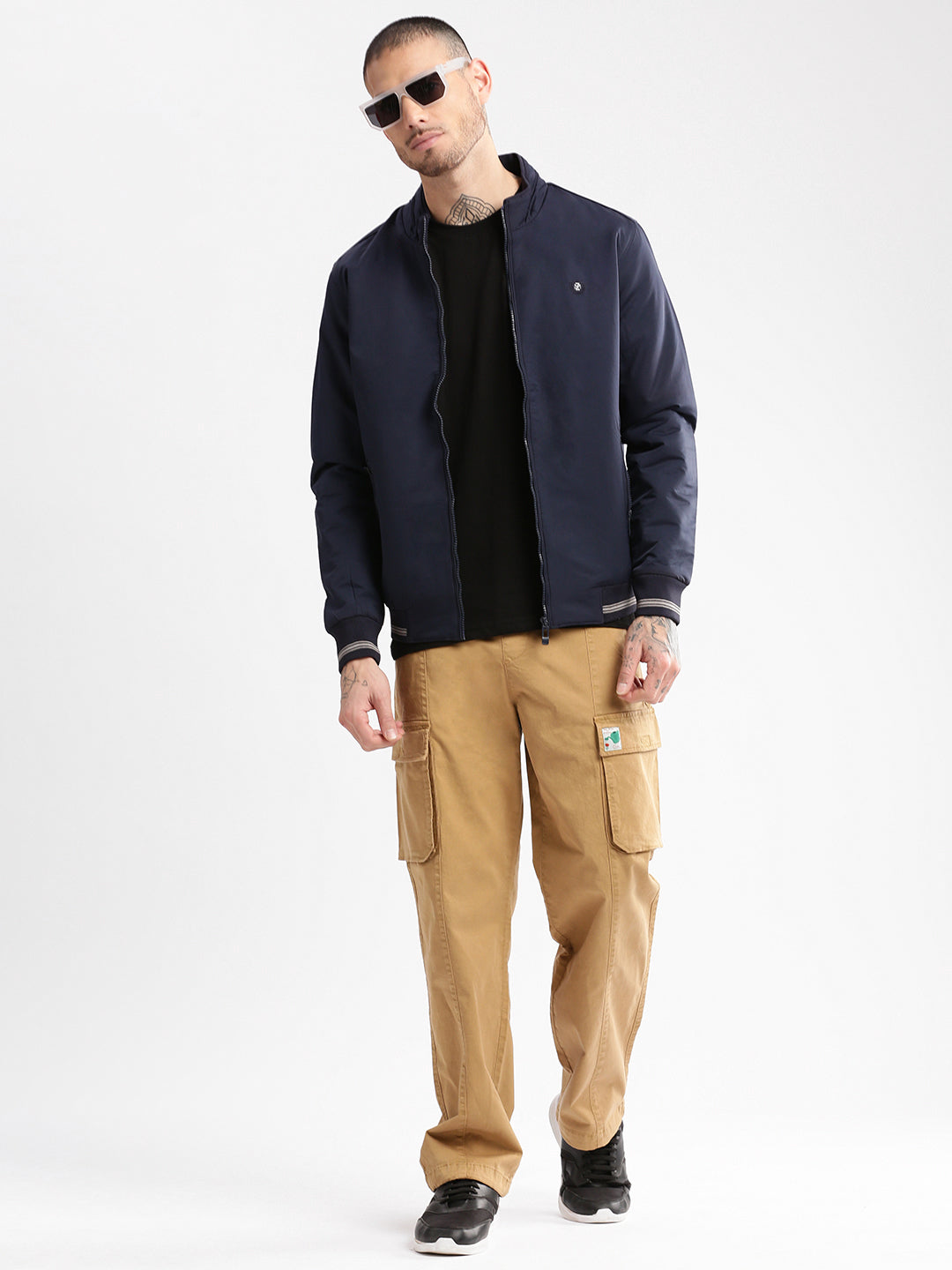 Men Mock Collar Navy Blue Solid Bomber Jacket