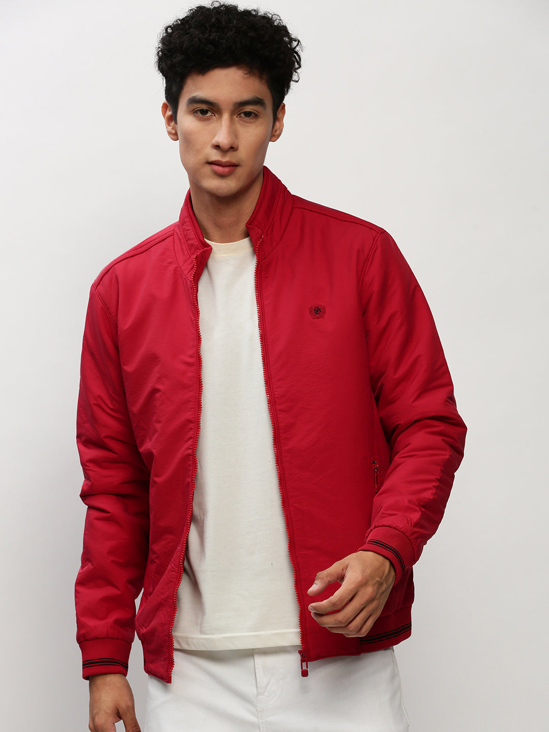 Men Red Solid Casual Bomber Jackets