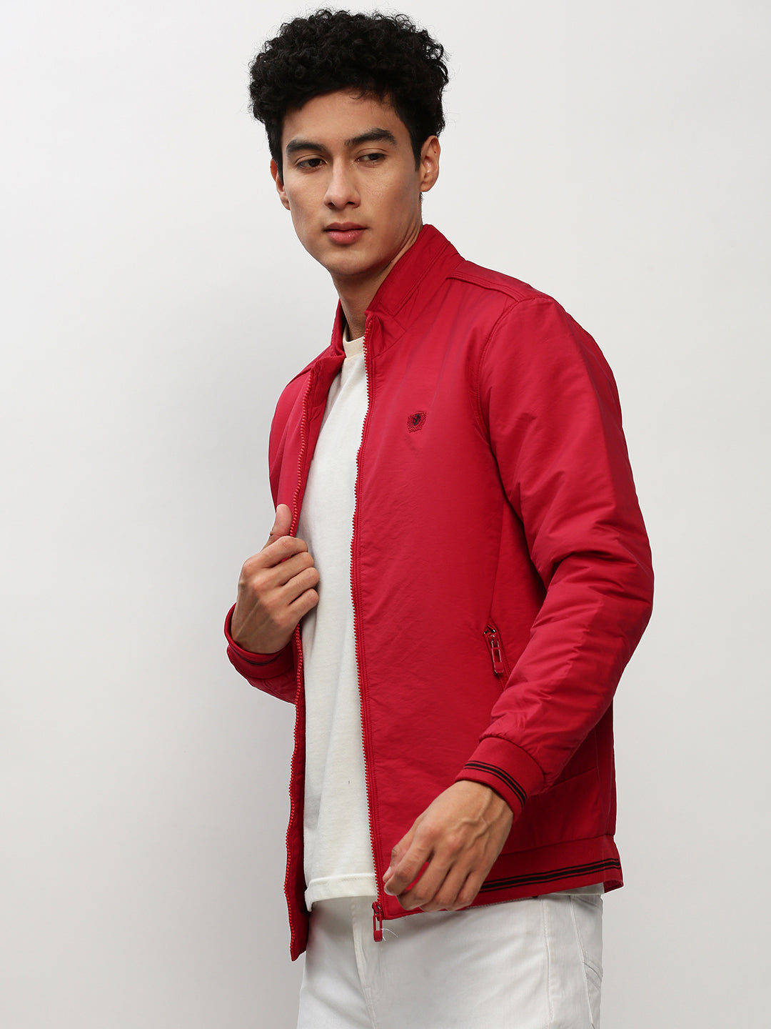 Men Red Solid Casual Bomber Jackets