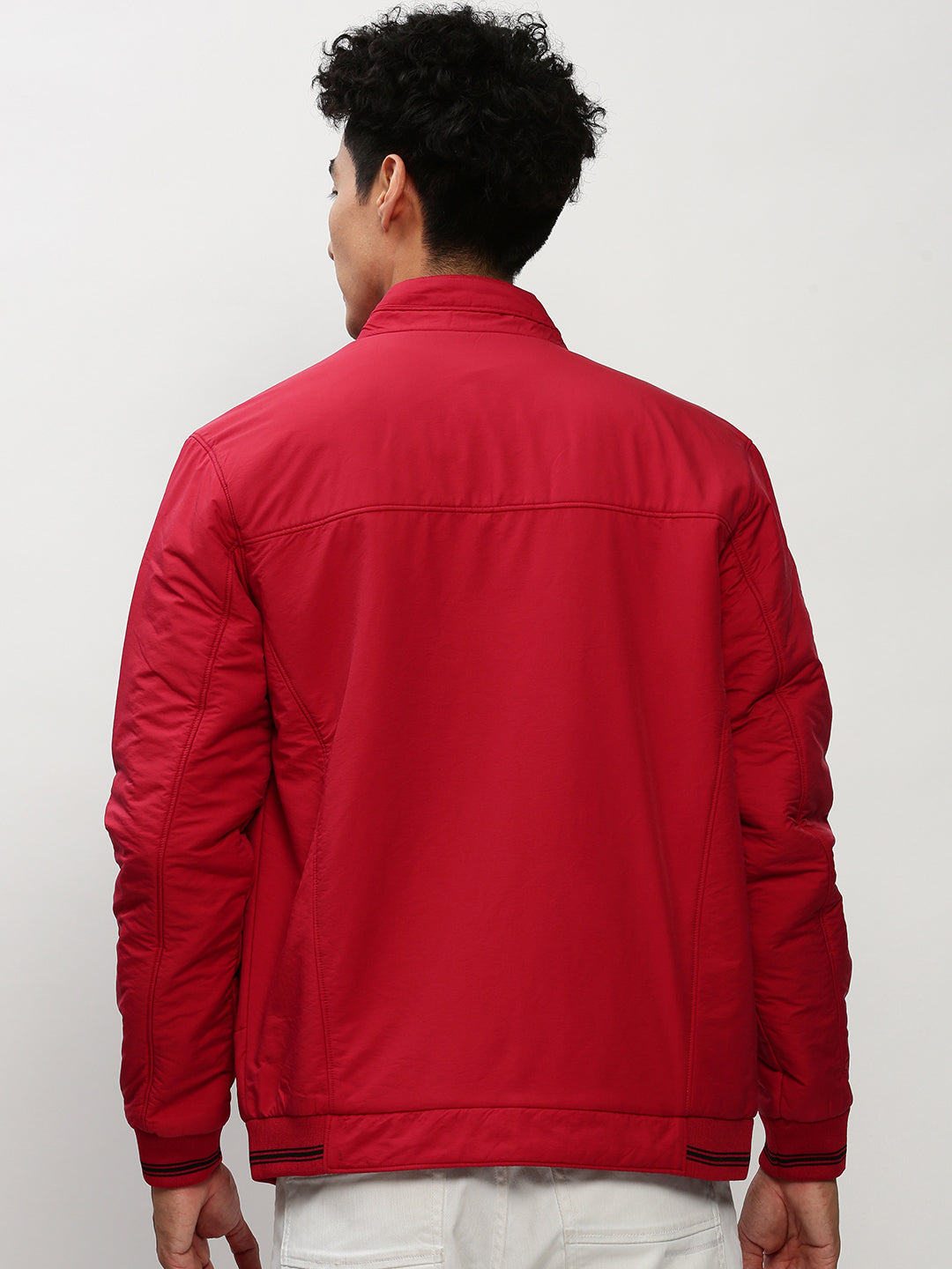 Men Red Solid Casual Bomber Jackets