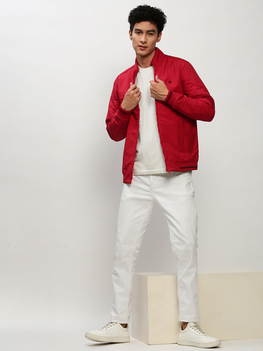 Men Red Solid Casual Bomber Jackets